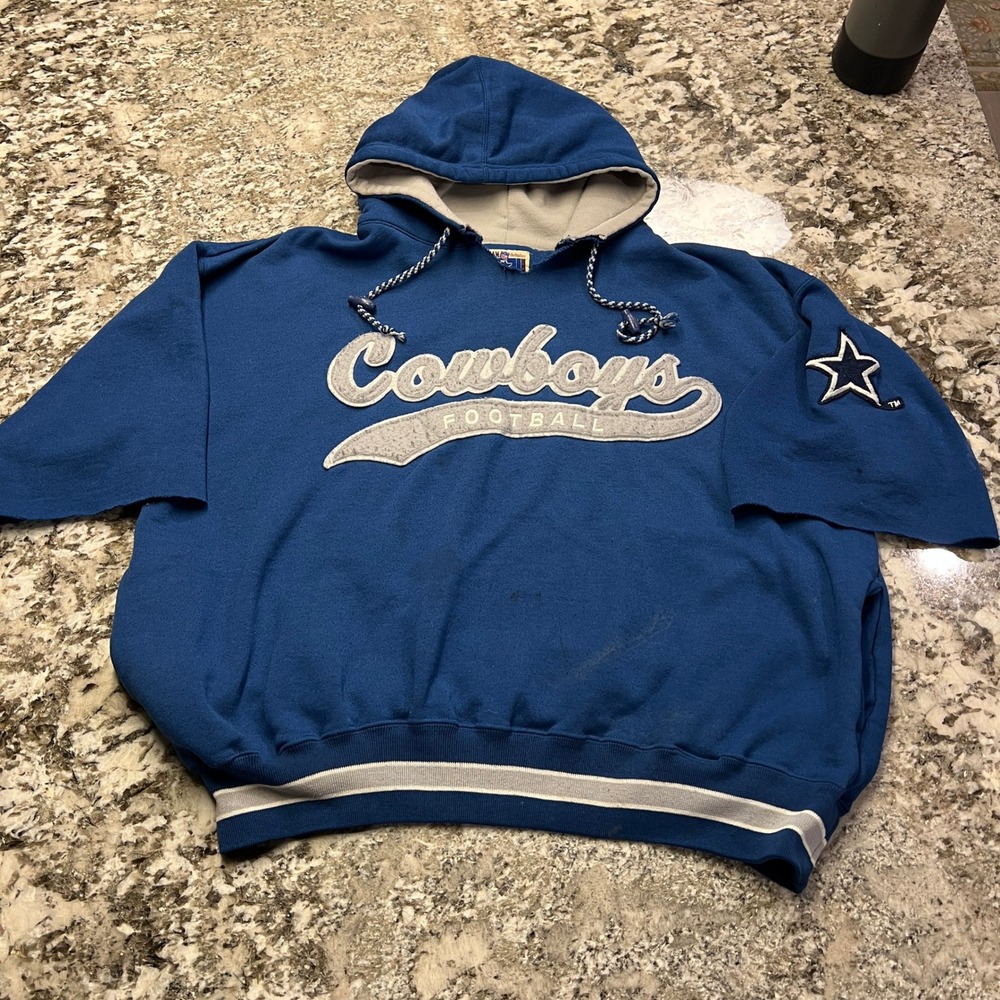 Vintage Starter NFL Dallas Cowboys Short Sleeve Distressed Hoodie Blue Large